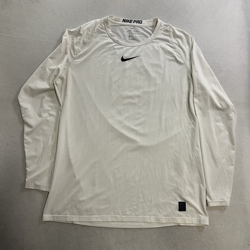 Nike Pro Dri Fit Fitted Shirt Men's Size XL White Base Layer Long Sleeve Gym